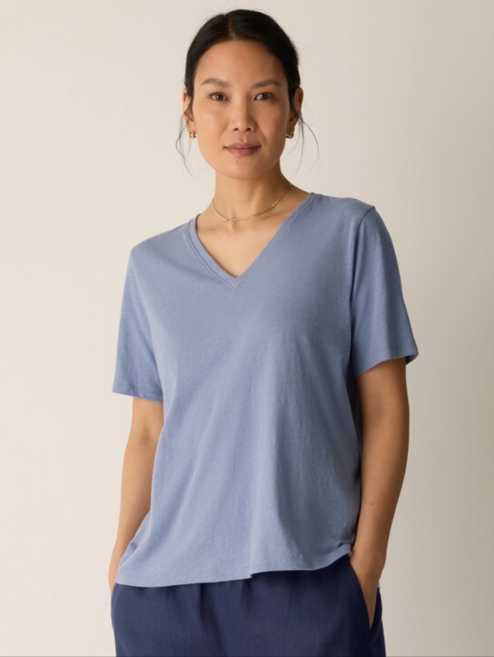 Eileen Fisher Organic Cotton Slubby Jersey V-Neck Tee Blue Haze Ladies XL